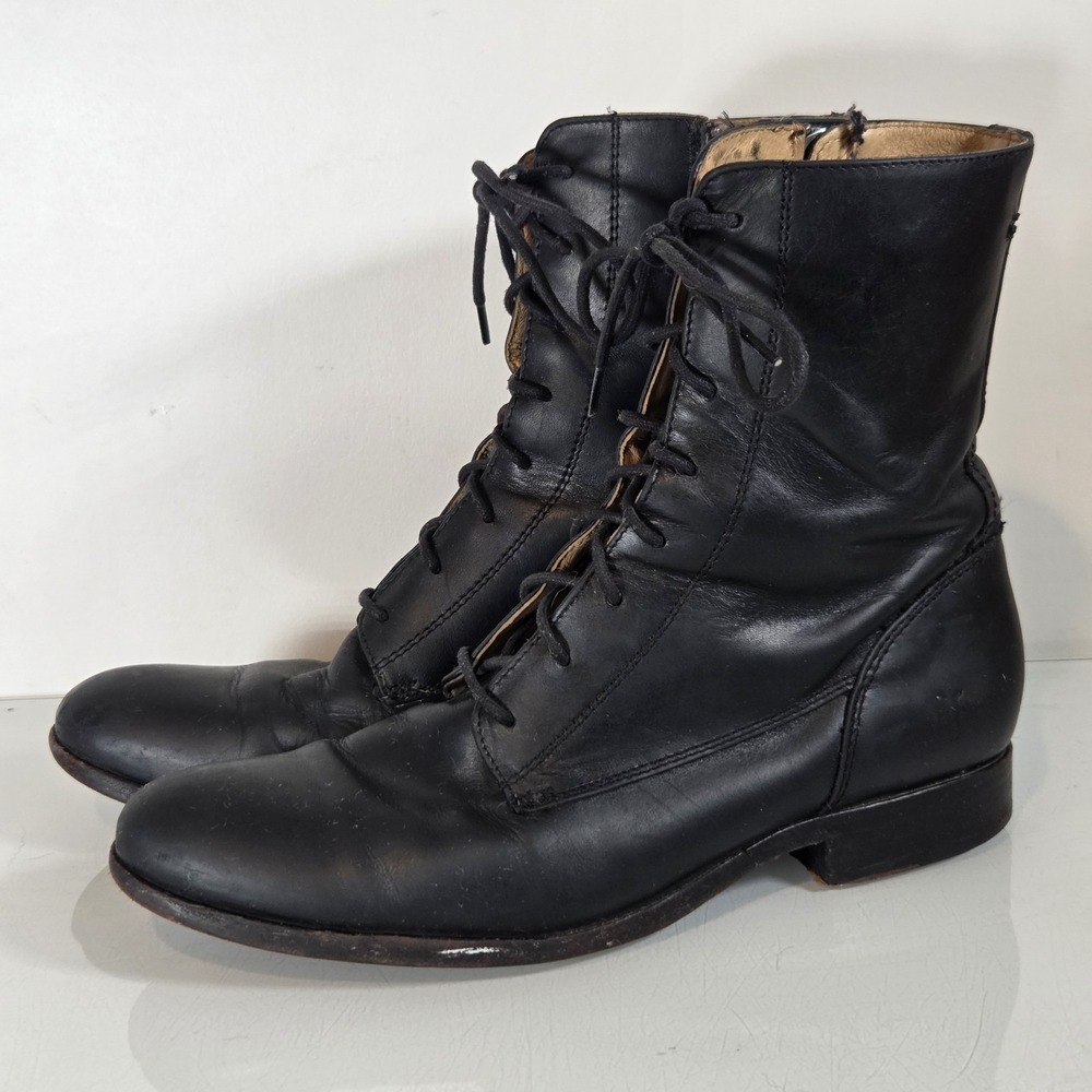 Frye Boots Womens Size 10 Black Leather Lace Up Ankle Side Zip Combat Cap Toe